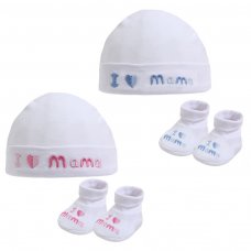 HB32-M: White I ♡ Mama Hat & Bootee Set